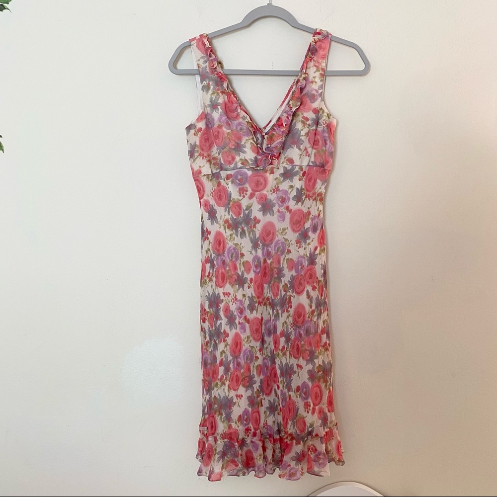 100% Silk Maggy London Pink Floral Dress 6 Petite